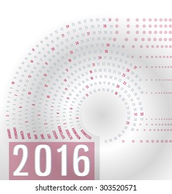 2016 calendar, spiral or concentric swirl shape on the light abstract background with purple accents
