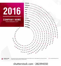 2016 calendar, spiral illustration, swiral shape, red polygonal background calendar cover template