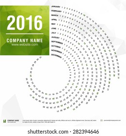 2016 calendar, spiral illustration, swiral shape, Green polygonal background calendar cover template