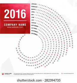 2016 calendar, spiral illustration, swiral shape, Red polygonal background calendar cover template