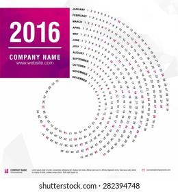 2016 calendar, spiral illustration, swiral shape, Purple polygonal background calendar cover template