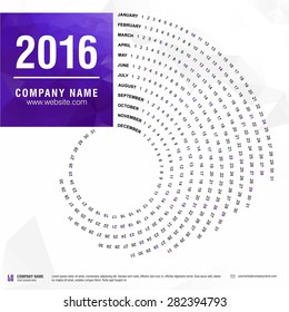 2016 calendar, spiral illustration, swiral shape, Purple polygonal background calendar cover template