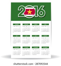 2016 Calendar - Suriname Country Flag Banner - Happy new Year calendar template - Week starts with Sunday - Vector illustration