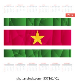2016 Calendar. Suriname Country Flag. Happy new Year calendar template. Vector illustration