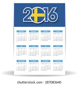 2016 Calendar - Sweden Country Flag Banner - Happy new Year calendar template - Week starts with Sunday - Vector illustration