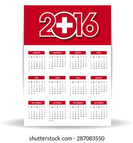 2016 Calendar - Switzerland Country Flag Banner - Happy new Year calendar template - Week starts with Sunday - Vector illustration