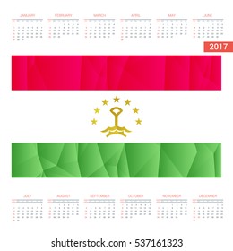 2016 Calendar. Tajikistan Country Flag. Happy new Year calendar template. Vector illustration