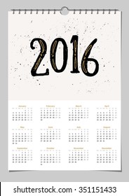 2016 calendar template, A4 size, printable. Hand drawn style illustartion with the number 2016.