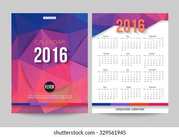 2016 calendar template brochure geometric design. Modern back and front flyer background. Vector illustration.