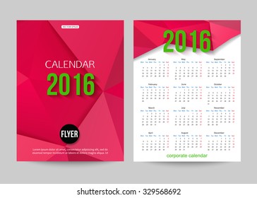 2016 calendar template brochure geometric design. Modern back and front flyer background. Vector illustration.