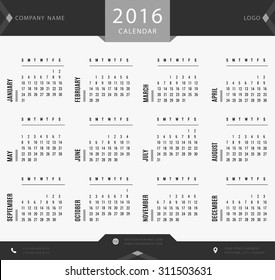 2016 calendar template for companies and private use - simple black and white design