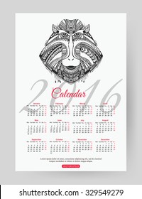 2016 calendar template design. Year of the monkey. Vector illustration. 