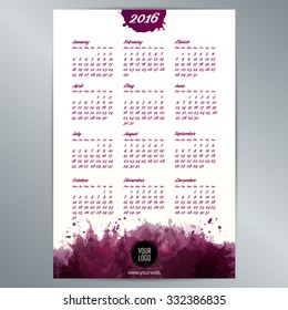 2016 calendar template. English calendar, Monday to Sunday. Background texture with spots. Vector