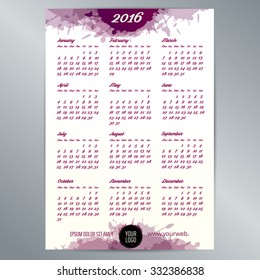 2016 calendar template. English calendar, Monday to Sunday. Background texture with spots. Vector