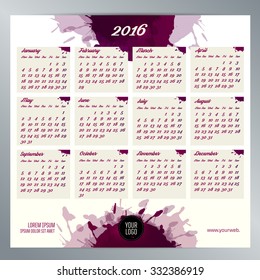 2016 calendar template. English calendar, Monday to Sunday. Background texture with spots. Vector