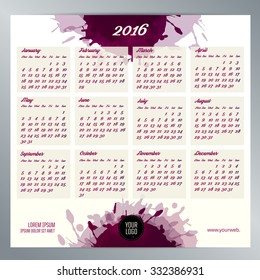 2016 calendar template. English calendar, Monday to Sunday. Background texture with spots. Vector