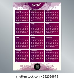 2016 calendar template. English calendar, Monday to Sunday. Background texture with spots. Vector