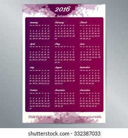2016 calendar template. English calendar, Monday to Sunday. Background texture with spots. Vector