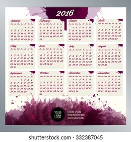2016 calendar template. English calendar, Monday to Sunday. Background texture with spots. Vector