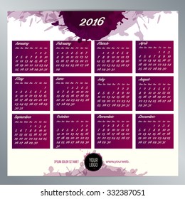 2016 calendar template. English calendar, Monday to Sunday. Background texture with spots. Vector