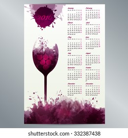 2016 calendar template. English calendar, Monday to Sunday. Background texture with stains and glass of wine