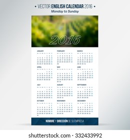2016 calendar template. English calendar, Monday to Sunday. Place for your photos. vector