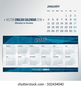 2016 calendar template. English calendar, Monday to Sunday. Geometric design background. vector