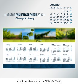 2016 calendar template. English calendar, Monday to Sunday. Place for your photos. vector