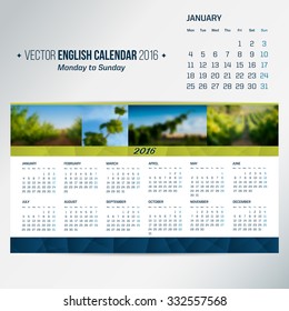 2016 calendar template. English calendar, Monday to Sunday. Place for your photos. vector