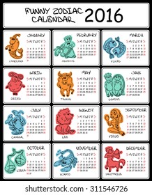 2016 calendar template with funny sketch Zodiac signs.