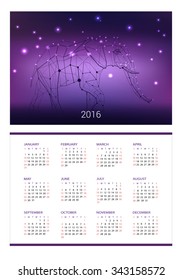 2016 calendar template with geometric lined elephant. Vector illustration.