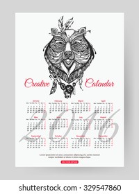 2016 calendar template with hand drawn bear. Mehendi style design.