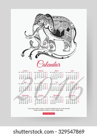 2016 calendar template with hand drawn elephant. Mehendi style design.