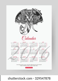 2016 calendar template with hand drawn elephant. Mehendi style design. Vector illustration.
