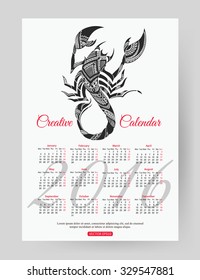 2016 calendar template with hand drawn scorpion. Mehendi style design.