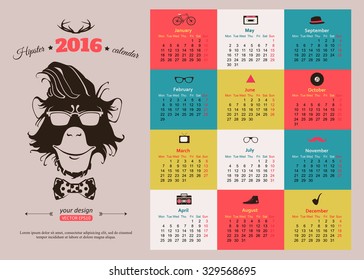 2016 calendar template hipster design. Year of the monkey. Vector illustration.