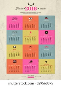2016 calendar template hipster design. Vector illustration.