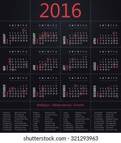 2016 calendar template with holidays, observances and events