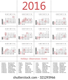 2016 calendar template with holidays, observances and events