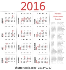 2016 calendar template with holidays, observances and events