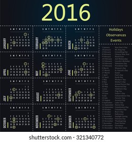 2016 calendar template with holidays, observances and events