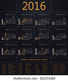 2016 calendar template with holidays, observances and events