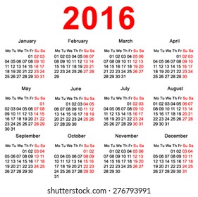 2016 Calendar template. Horizontal weeks. First day Monday. Illustration in vector format