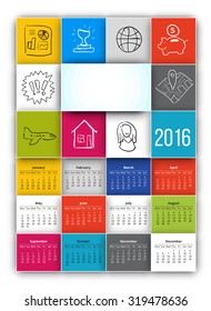 2016 calendar template with square tiles style and hand drawn icons. Vector. 