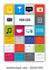 2016 calendar template with square tiles style. Vector. 