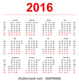 2016 Calendar template. Vertical weeks. First day Monday. Illustration in vector format