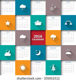 2016 calendar template with weather icon.Vector/illustration.