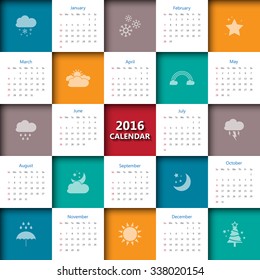 2016 calendar template with weather icon.Vector/illustration.