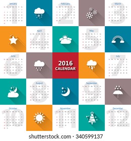 2016 calendar template with weather icon.Vector/illustration.