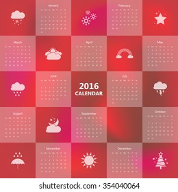 2016 calendar template with weather icon.Vector/illustration.